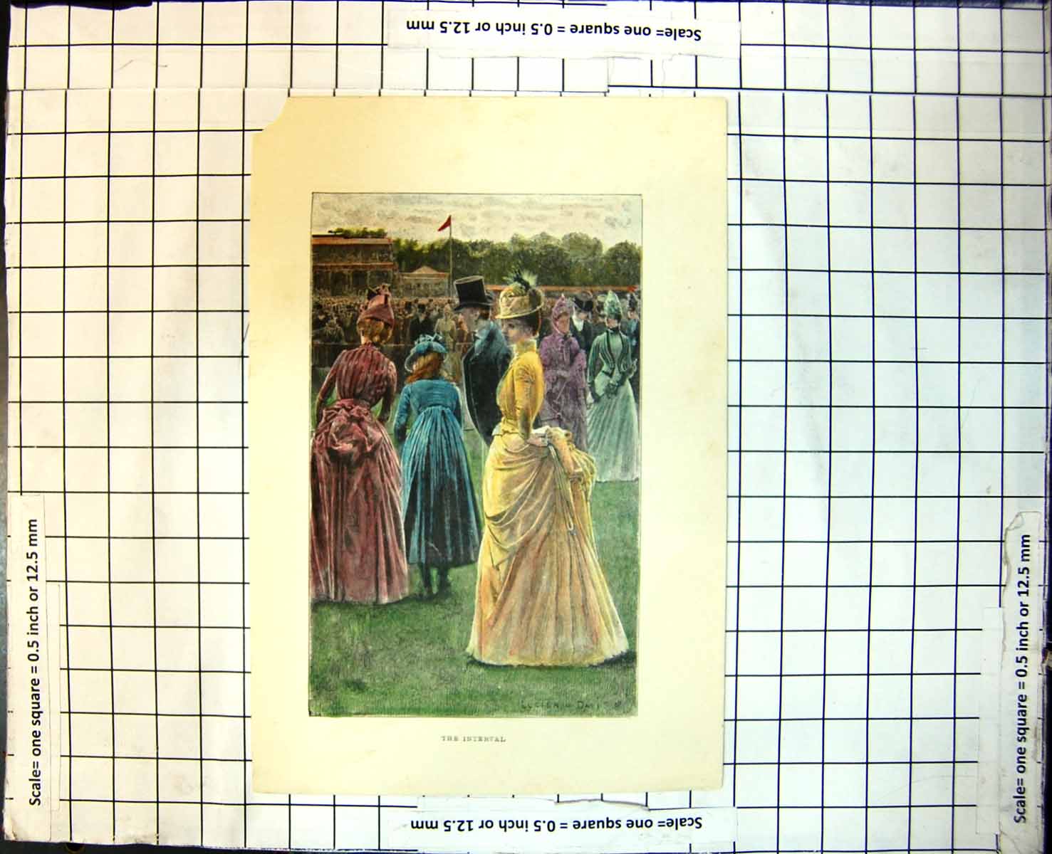 Old Print The Interval Day Races Ladies Finery Hats Gentleman Top Hat Grass 181J