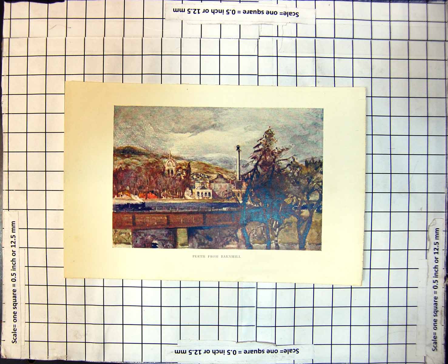 Old Print Perth Scotland Barnhill Bridge River Buildings Trees Church Hills 183J