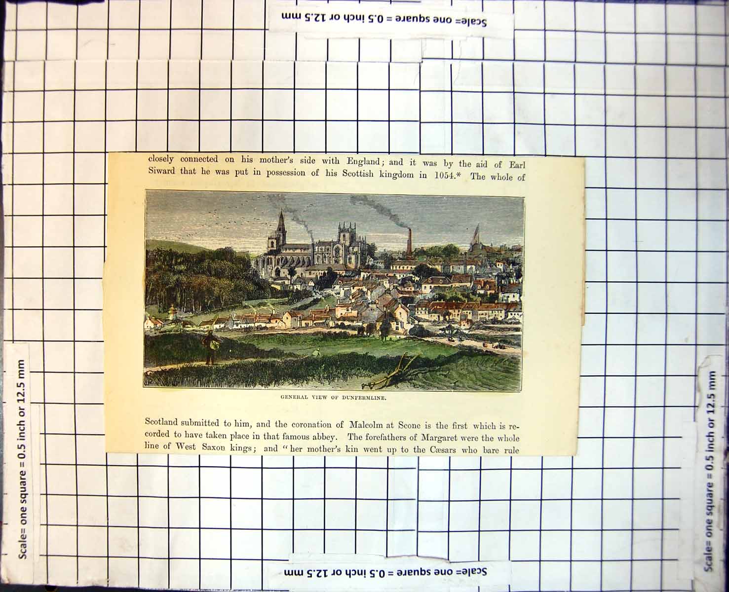 Antique Print General View Dunfermline Factory Chimney Cathedral Houses 185J