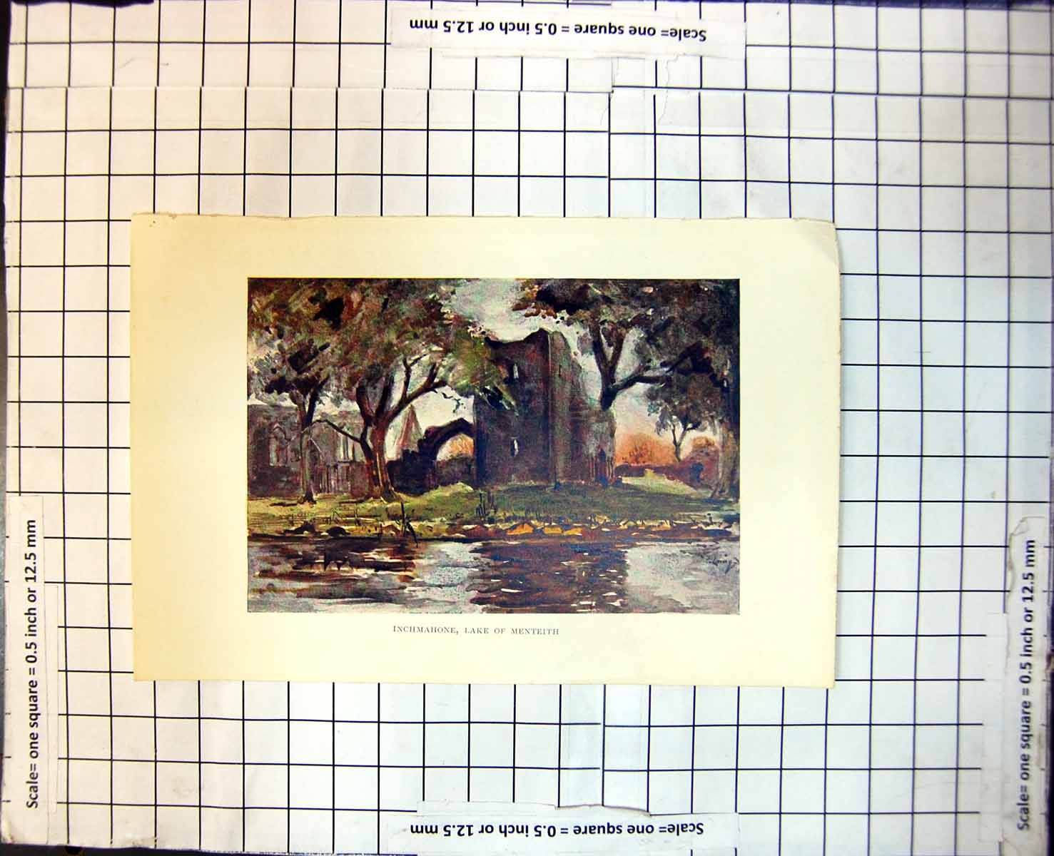 Antique Old Print Inchmahone Lake Menteith Trees Water Ruins Square Tower 196J