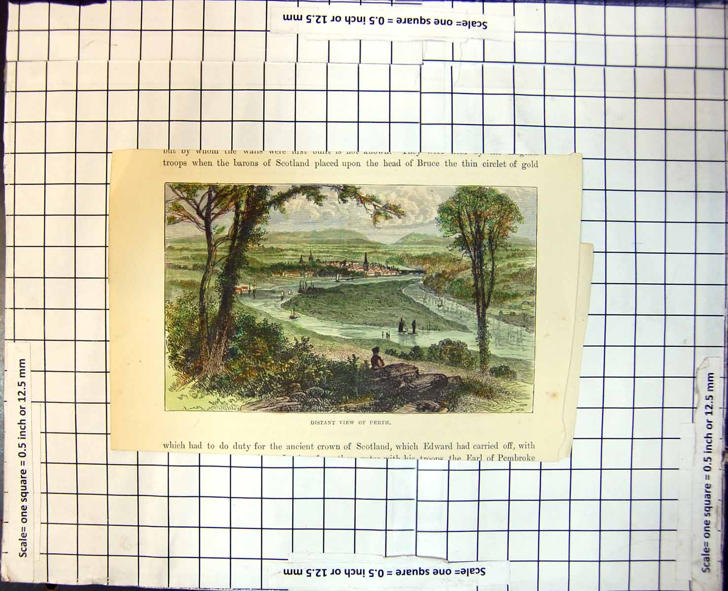 Old Print Distant View Perth Scotland River Boats Buildings Trees Man 198J 20th