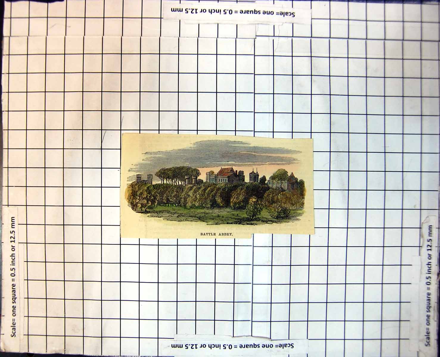 Antique Old Print Battle Abbey Tiled RoRuins Avenue Trees Bushes Farmland 199J