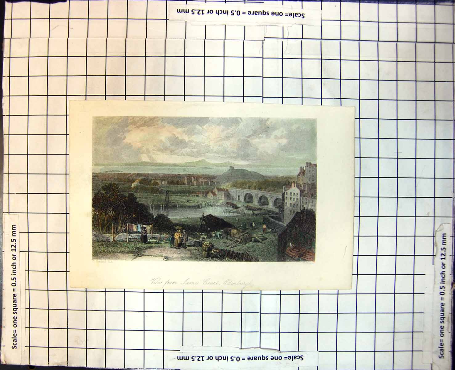 Old Print View From Jame'S Court Edinburgh People Washing Cart Bridge 200J