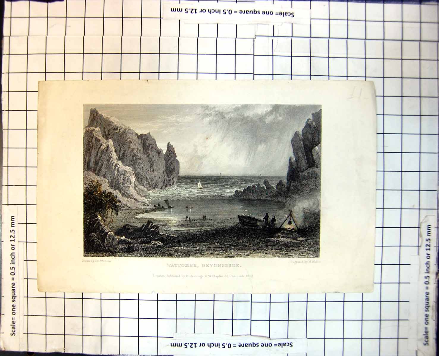 Old Print Watcombe Devonshire England Bay Fire Pot Heating Sail Boats 201J