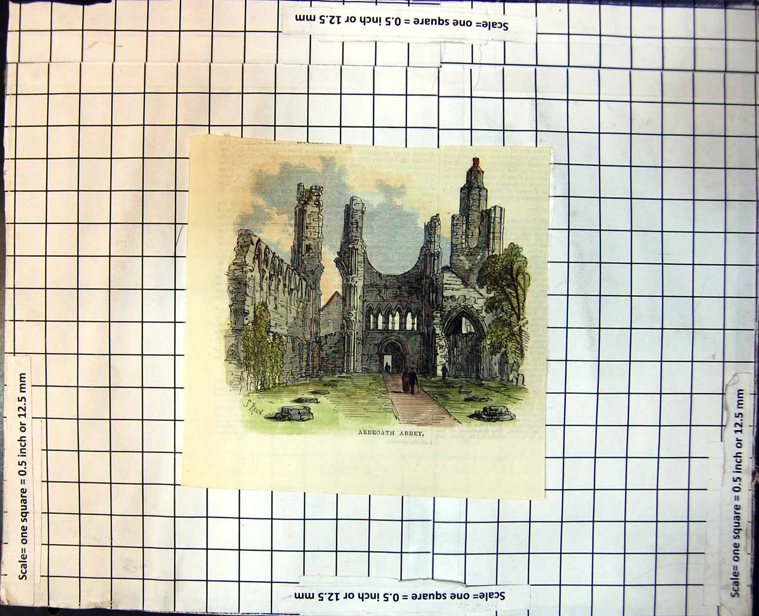 Old Print Arbroath Abbey Ruins Remains Columns Arches People Walking 206J