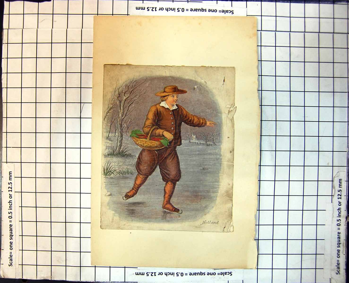 Old Holland Dutch Skater Male Basket Vegetables Icy Snow Hat Pipe 209J