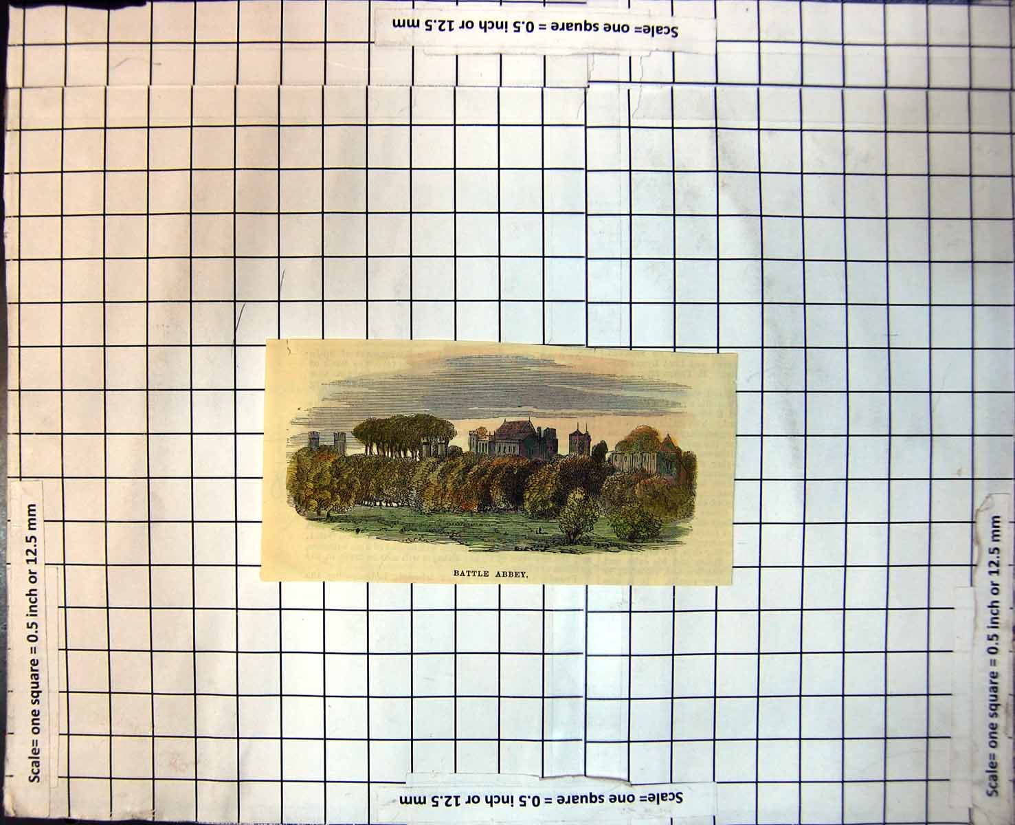 Antique Old Print Battle Abbey Tiled RoRuins Avenue Trees Farmland Castle 214J