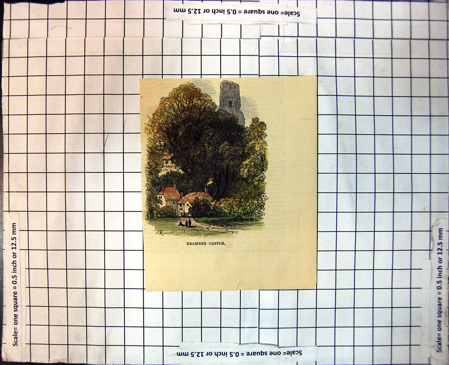 Antique Old Print Bramber Castle West Sussex England Trees Houses People 215J