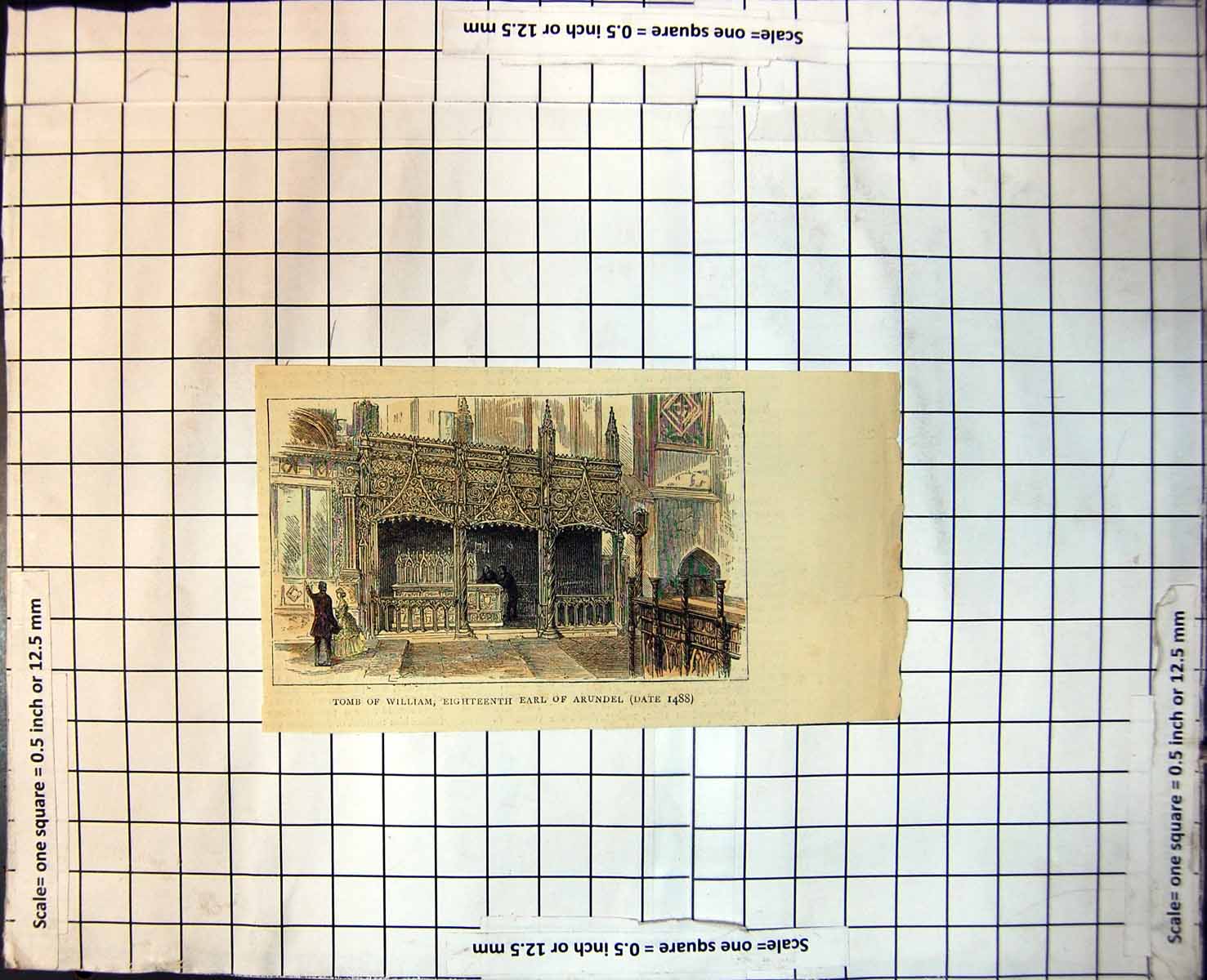 Antique Old Print Tomb William Eighteenth Earl Arundel Ornate Carvings 224J