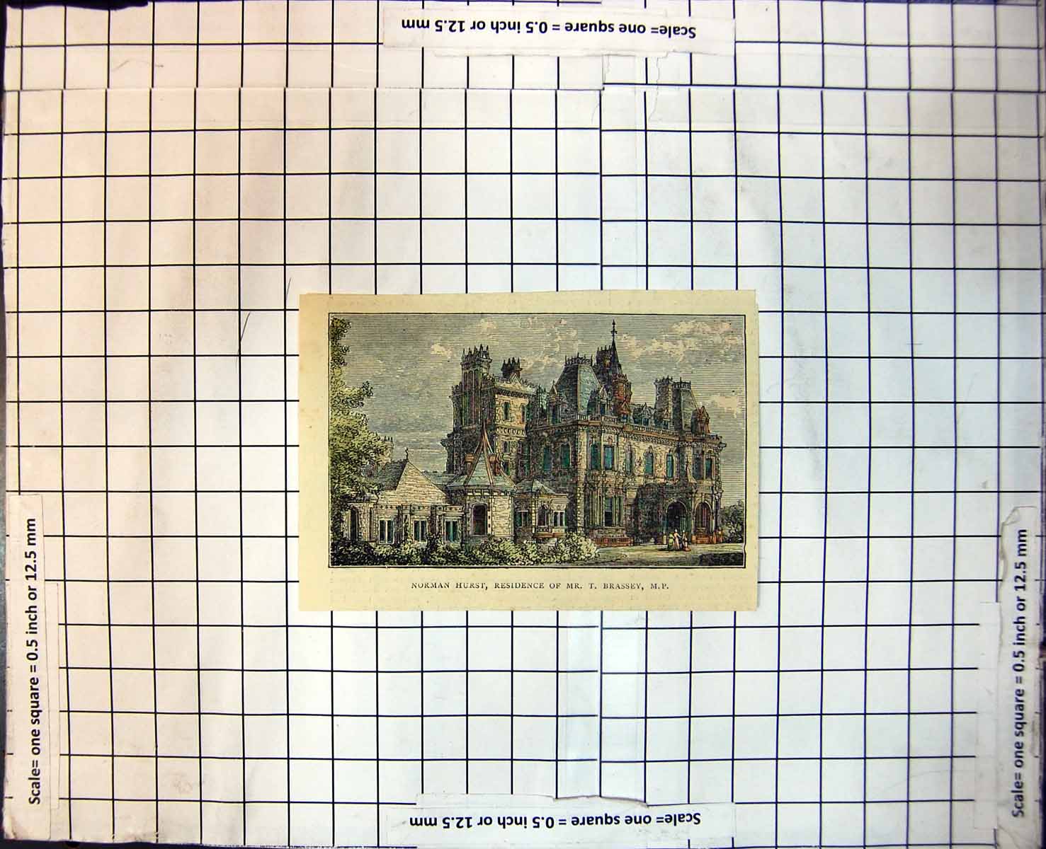 Antique Print Norman House Residence Mr T. Brassey M.P. Arched Doorways 225J