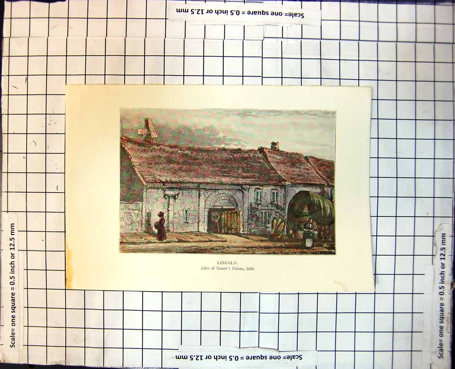 Antique Old Print Lincoln John Gaunt'S Palace Unloading Wagon Wooden Door 243J