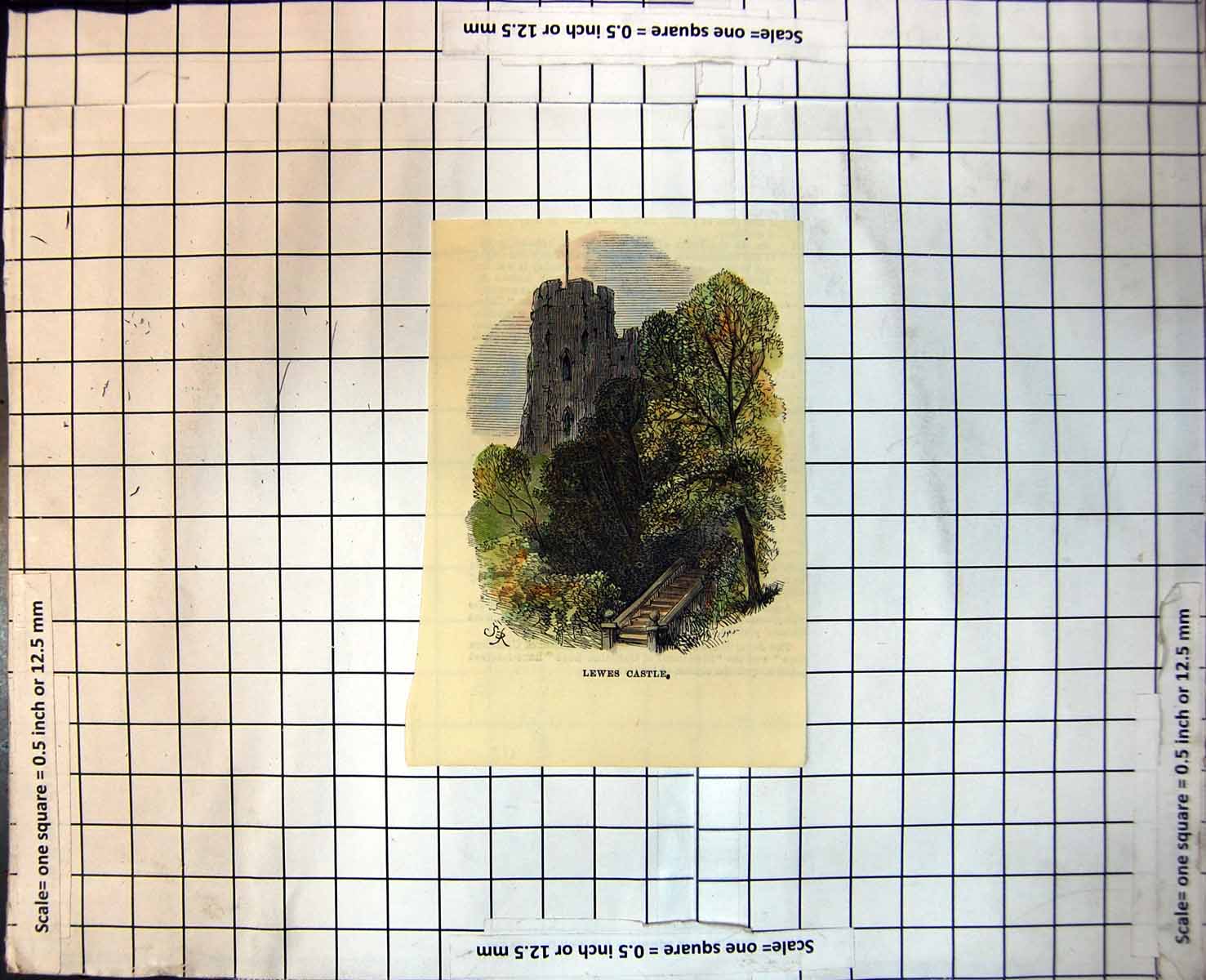 Antique Print Lewes Castle East Sussex England Tower Trees Wooden Steps 248J