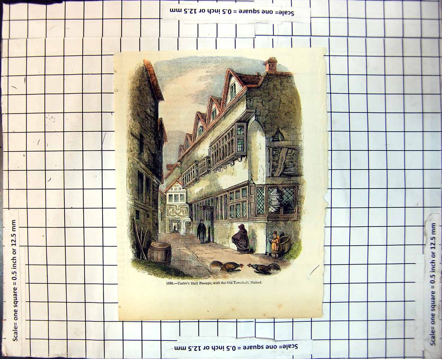 Old Print Carter'S Hall Passage With Townhall Oxford Barrel Cockerel 249J
