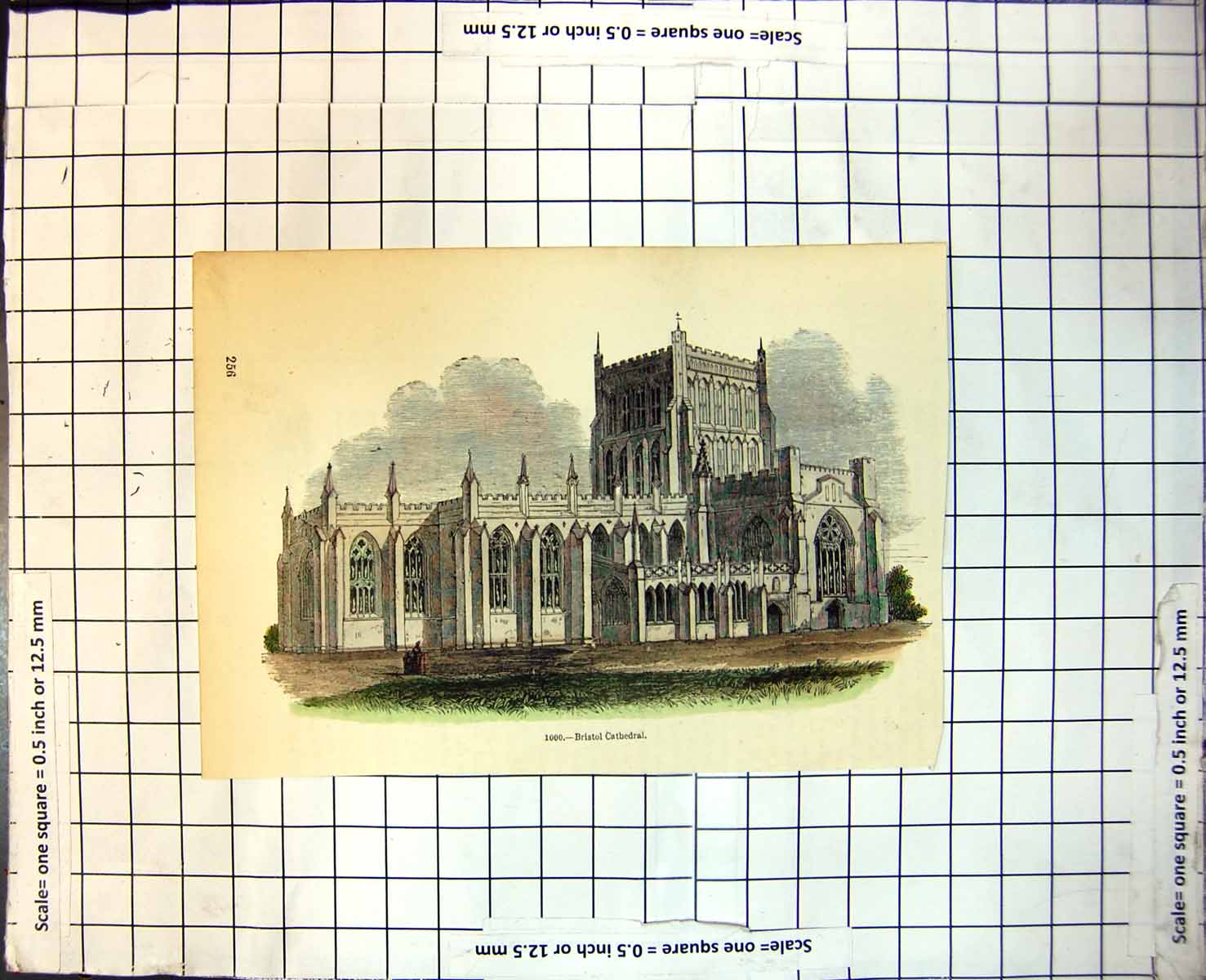 Old Print Bristol Cathedral Exterior Showing Arched Windows Doorways 251J