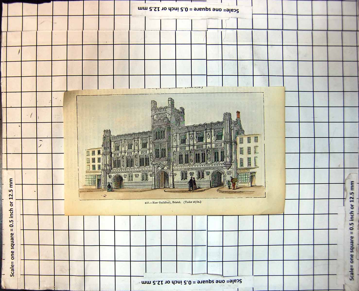 Antique Print New Guildhall Bristol Tudor Style Arched Doorways Wooden 252J