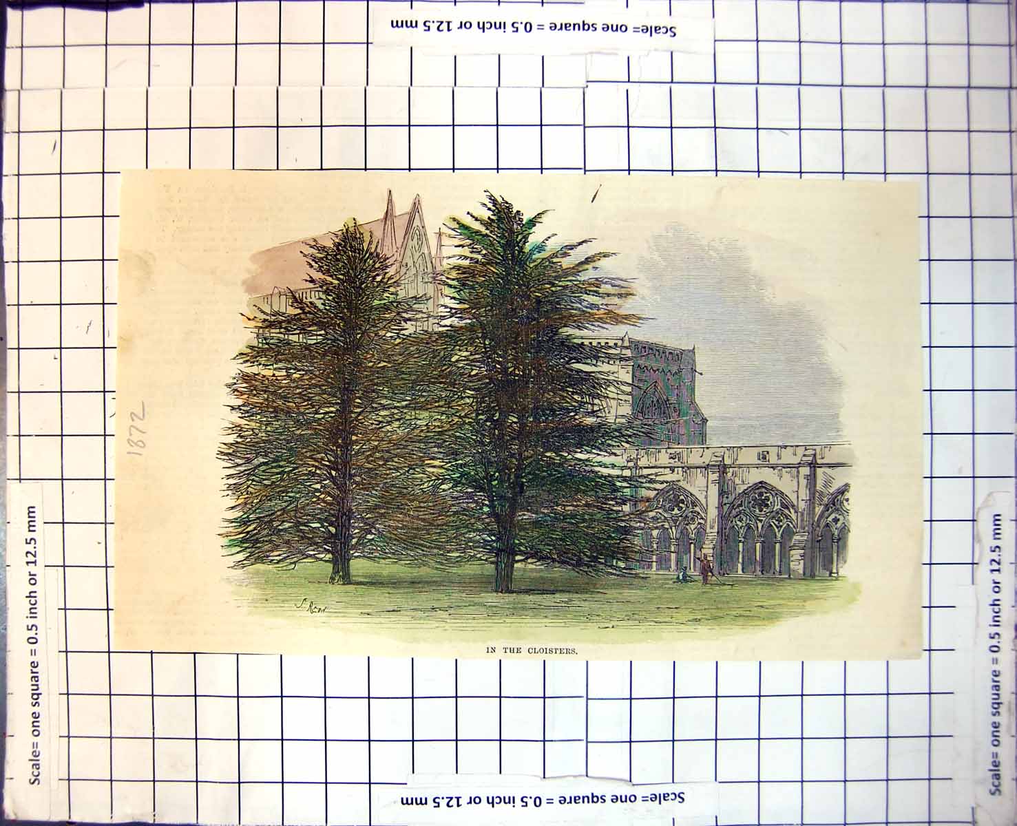 Old Print In The Cloisters Arches Columns Stonework Trees Grass 1872 253J 19th