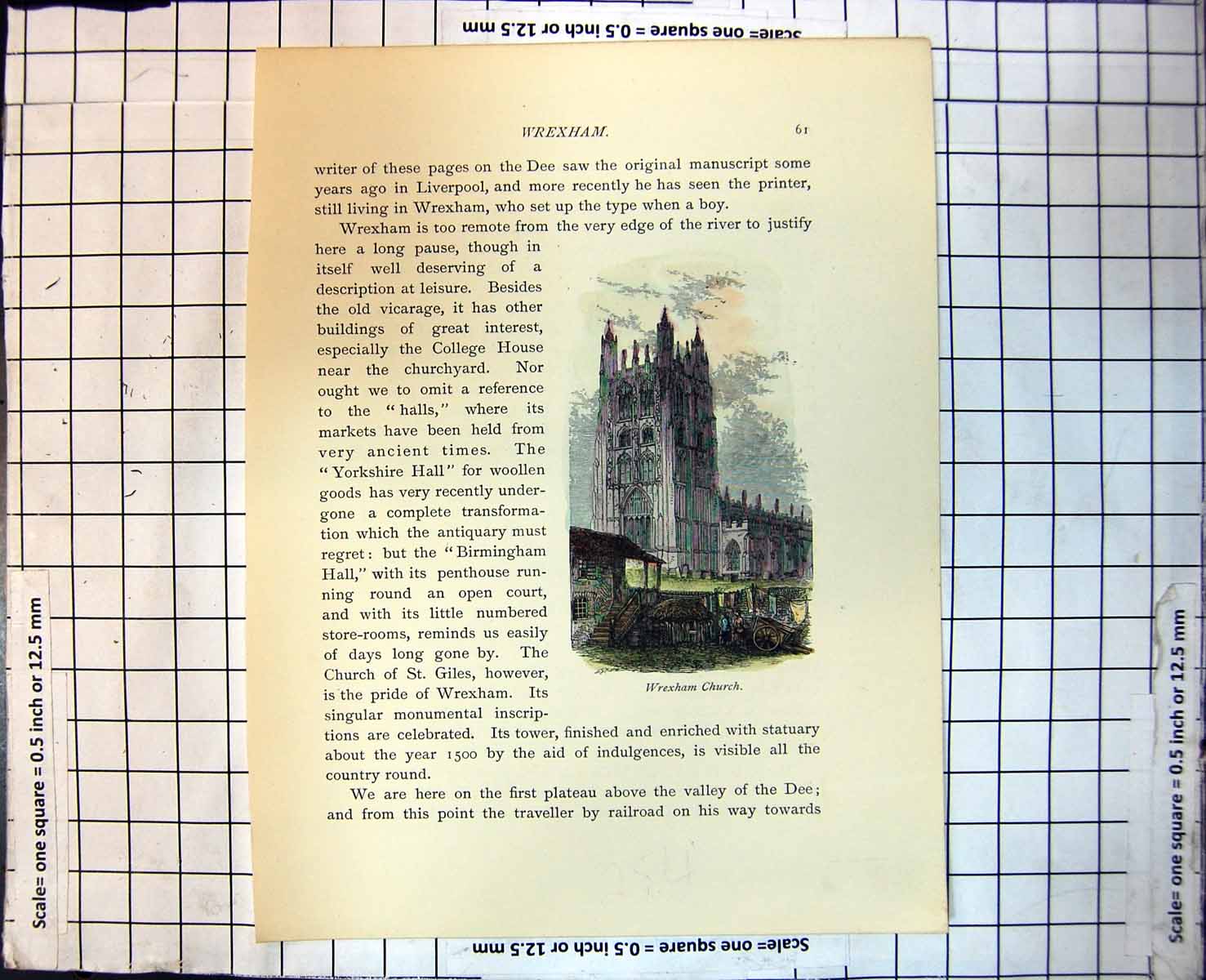 Antique Old Print Wrexham Church North Wales Cart Washing Small Buildings 255J