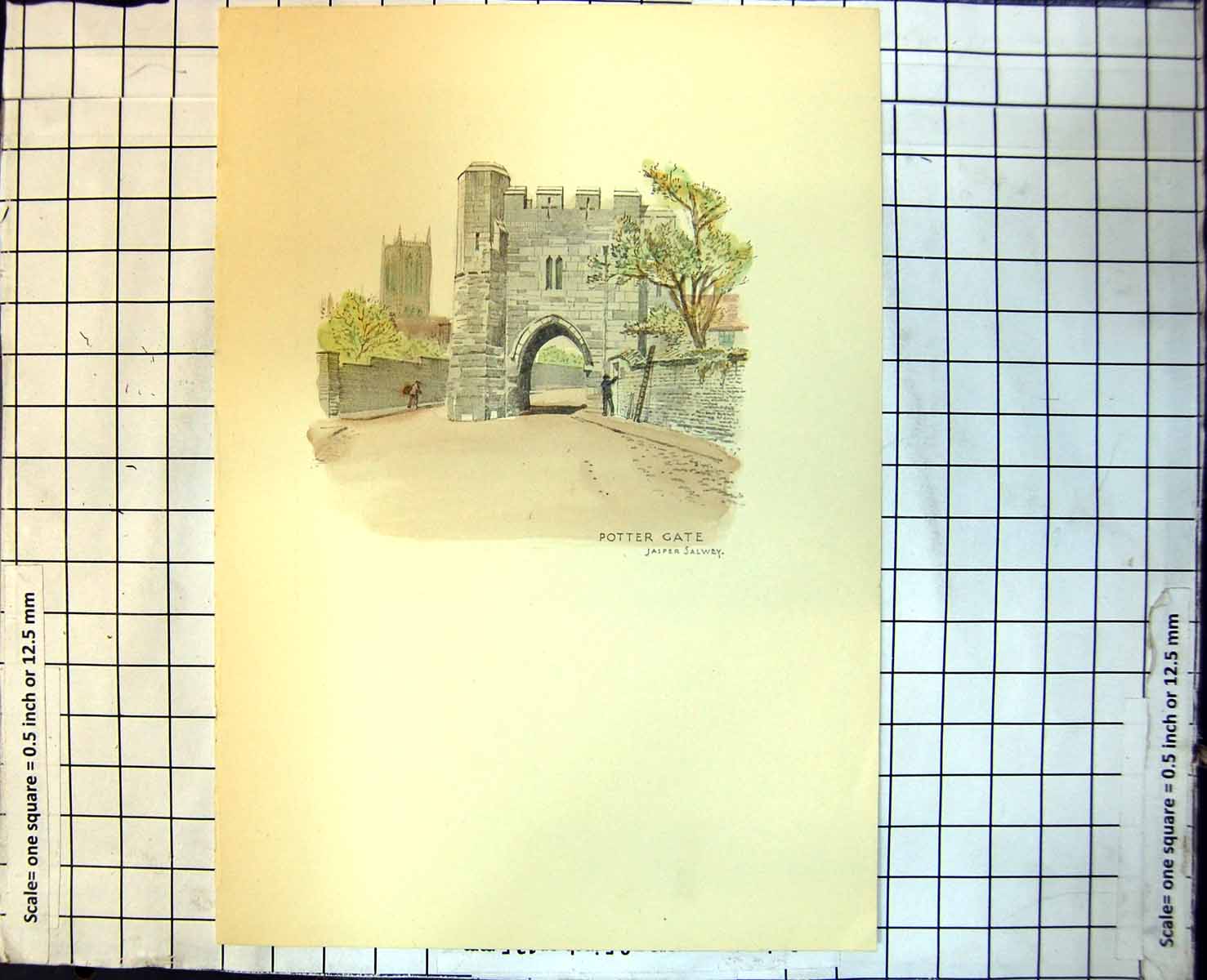 Old Print Lincoln Potter Gate Jasper Salwey Arched Church High Walls 259J
