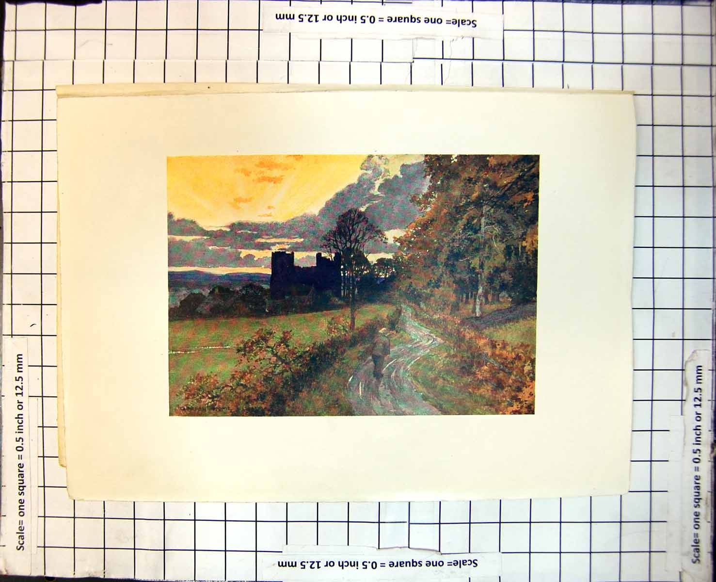 Old Print Bolton Castle Wesleydale Square Towers Winding Road Sunset 275J