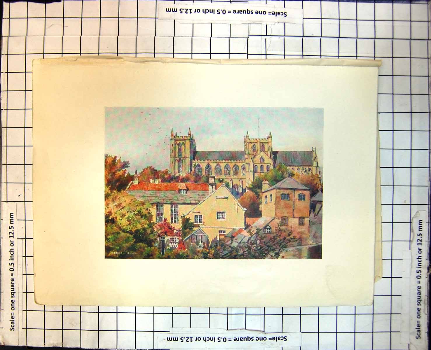 Antique Print Ripon Minster From South Gordon Home Church Houses Trees 276J