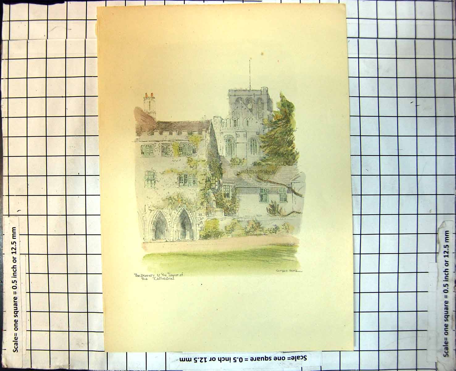 Old Print Deanery And Tower Cathedral Arched Columned Entrances Grass 295J