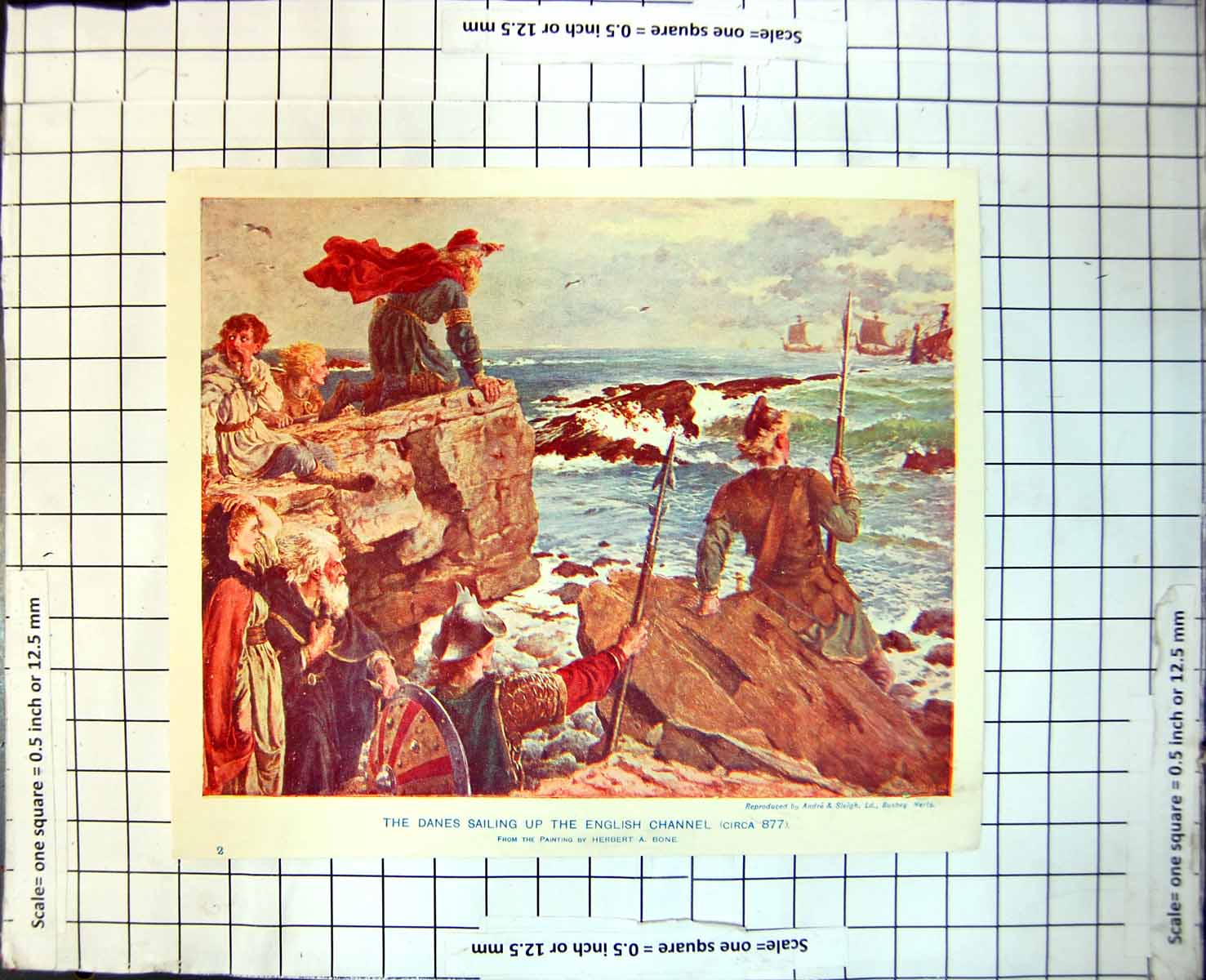 Print Danes Sailing Up English Channel From Painting Herbert A Bone Ships 299J