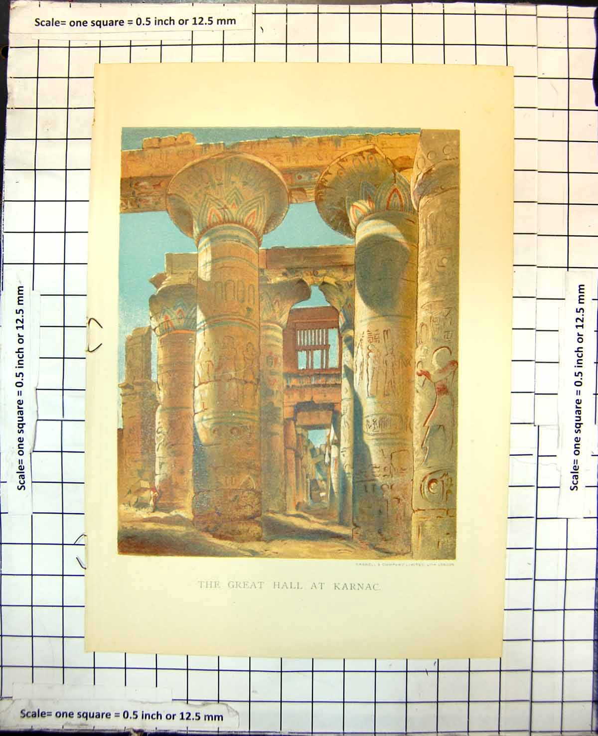 Old Print The Great Hall Karnac Columns Lintels Hieroglyphics People 300J