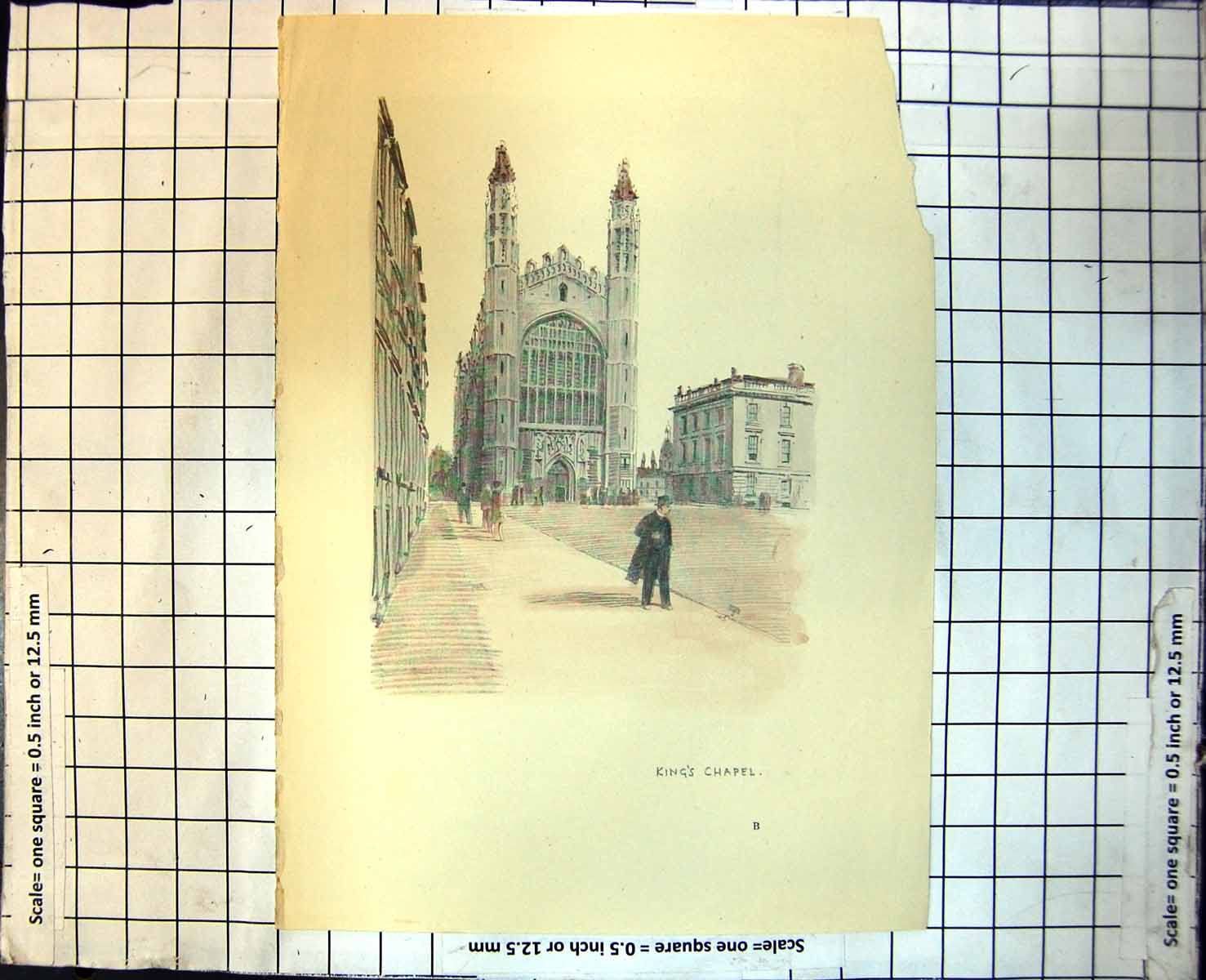 Old Print King'S Chapel Wide Street Pedestrians Towers Arched Window 306J