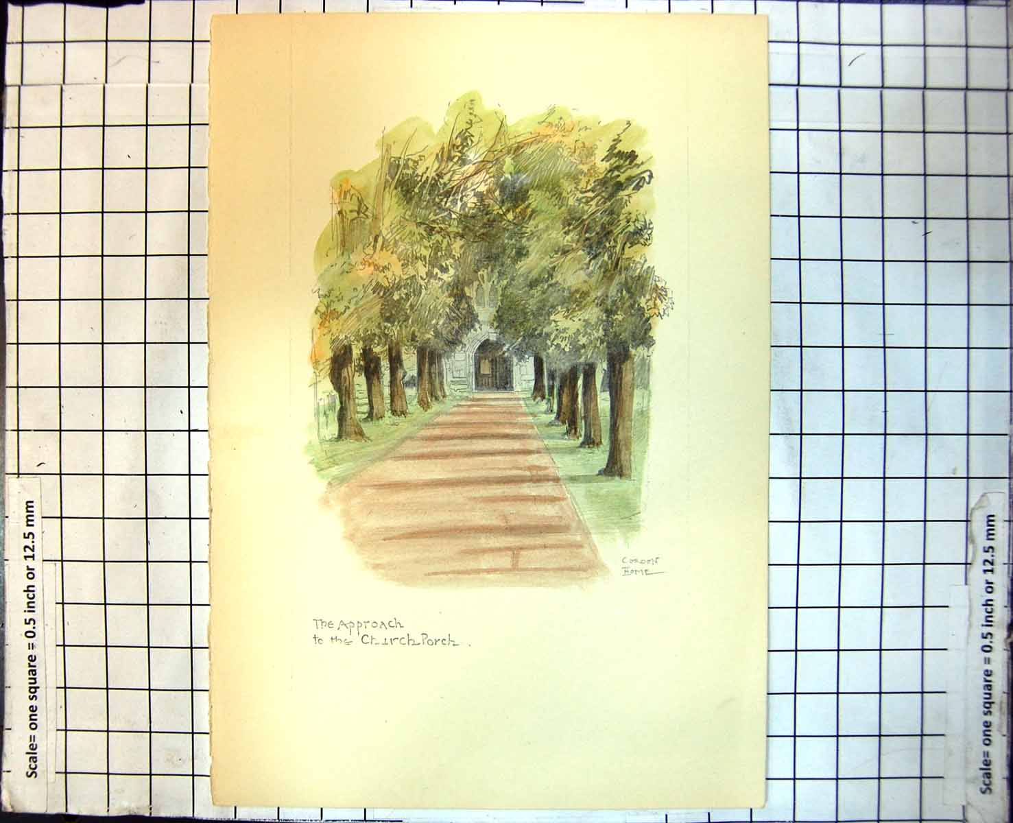 Antique Old Print Approach Church Porch Gordon Home Arched Doorway Trees 311J
