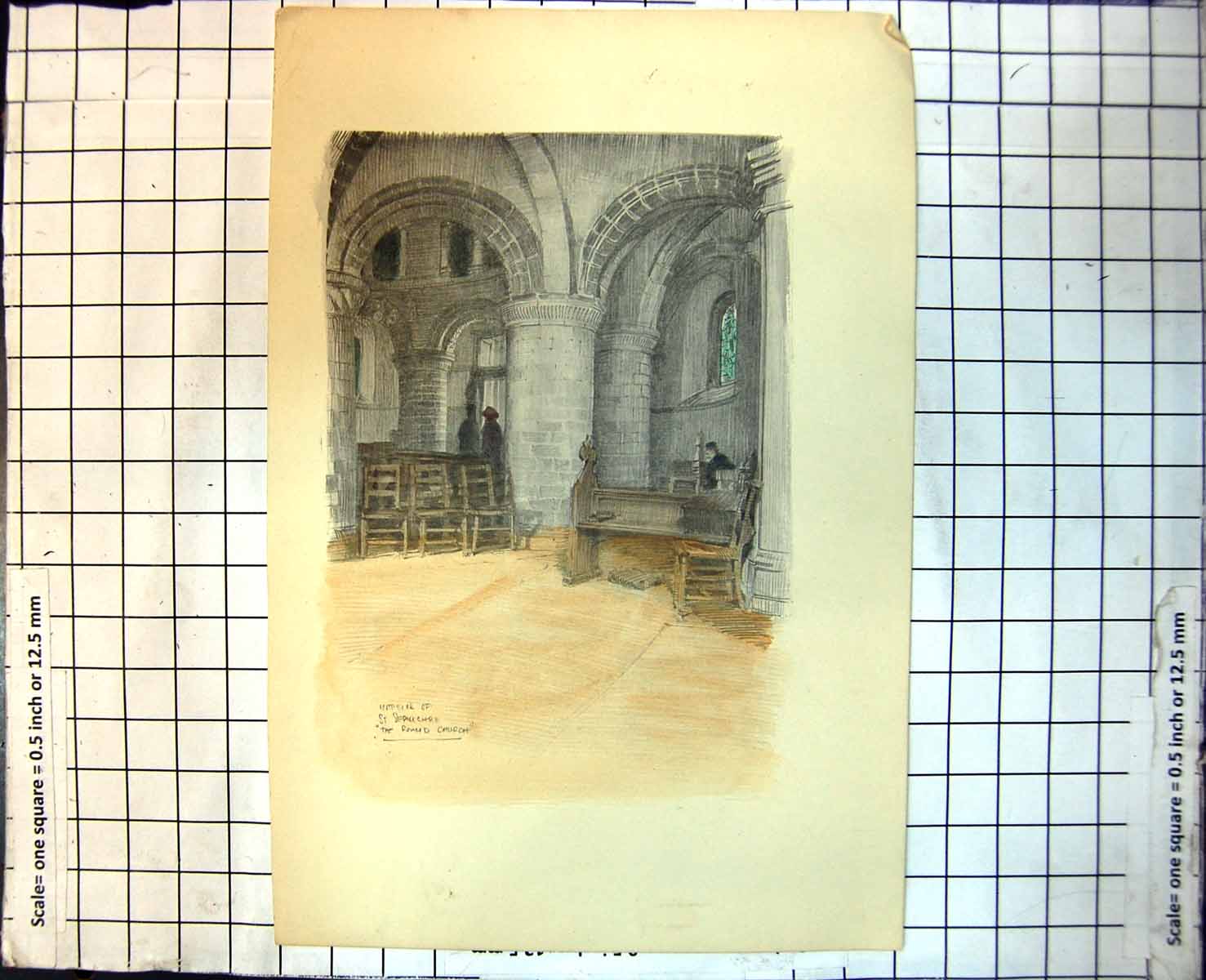 Antique Print Interior St. Sepulchre The Round Church Columns Vaulted Ro316J