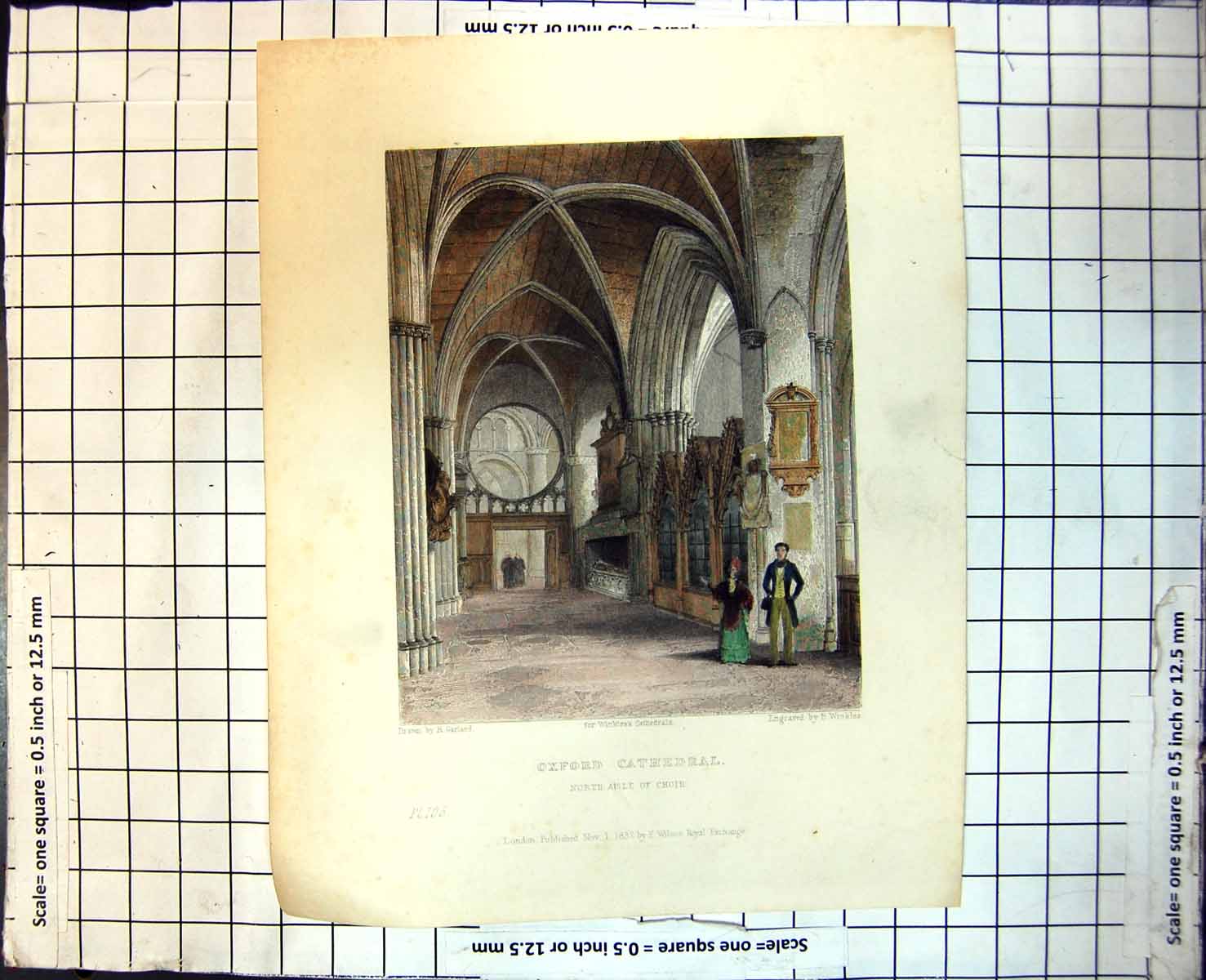 Old Print Oxford Cathedral North Aisle Choir Drawn R Garland Columns 317J