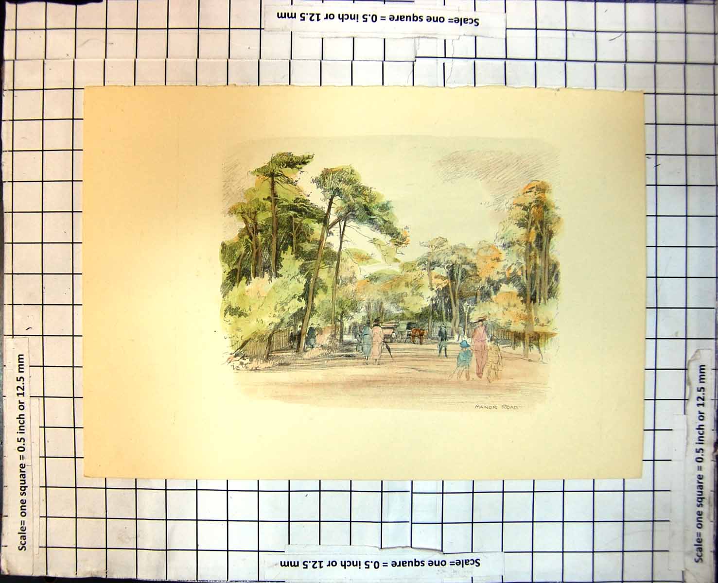 Old Print Manor Road Horse Carriage Motor Car Ladies Walking Children 320J