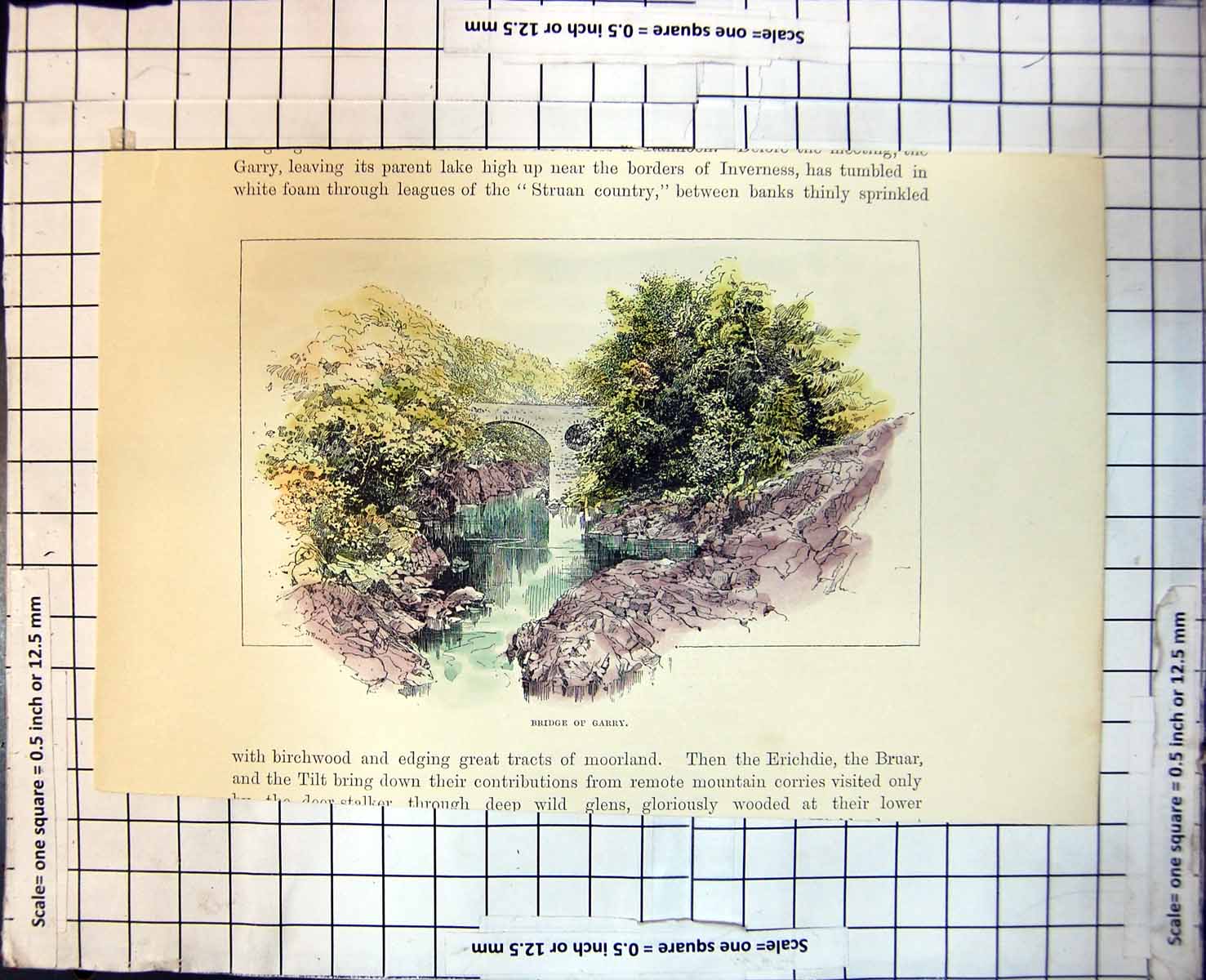 Old Print Bridge Garry Scotland River Scene Rocks Water Trees Foliage 323J