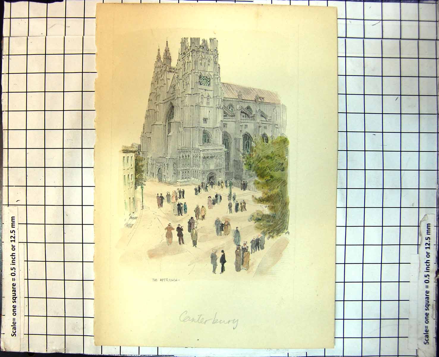 Old Print Canterbury Cathedral The Approach People Congregating Tree 325J
