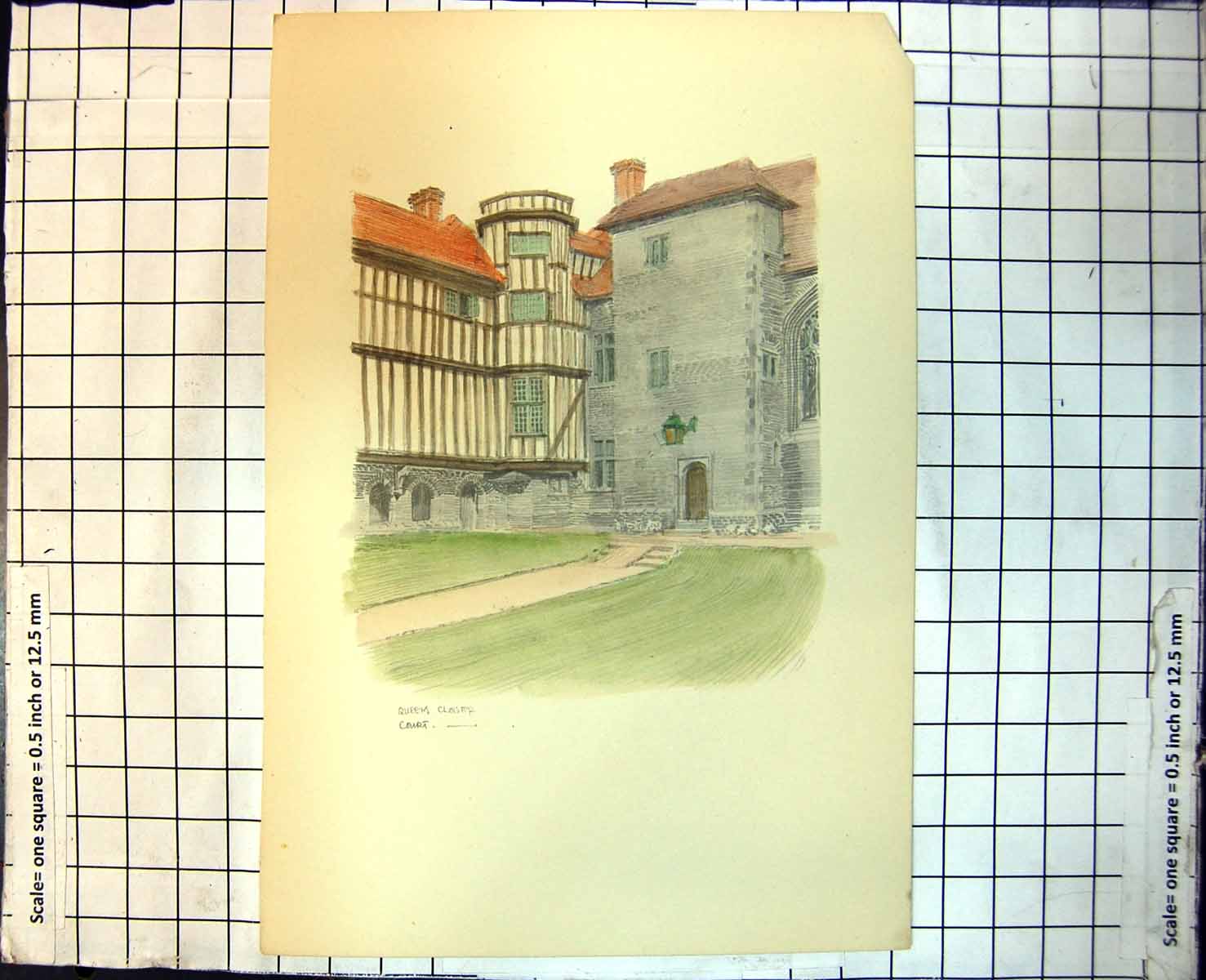 Old Print Queen'S Cloister Court Stone Building Half Timbered Tile Ro331J