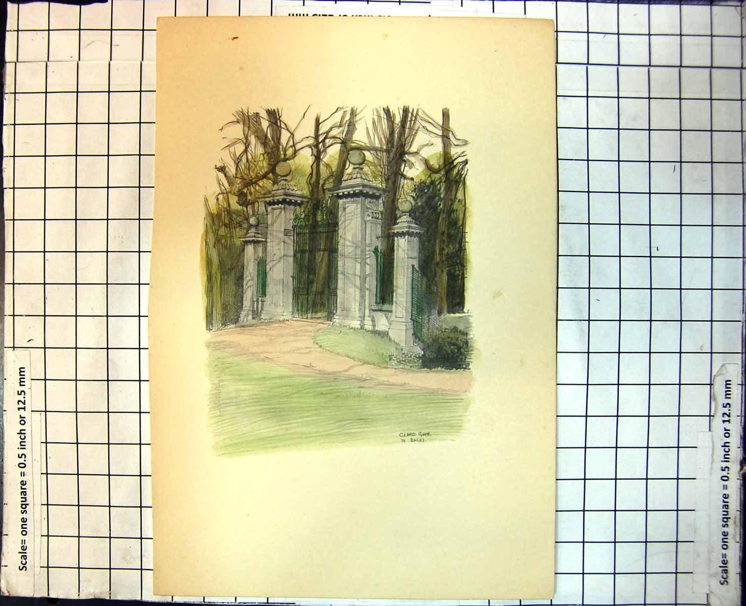 Old Print Clare Gate To Backs Ornate Gateway Spheres Stonework Woods 334J