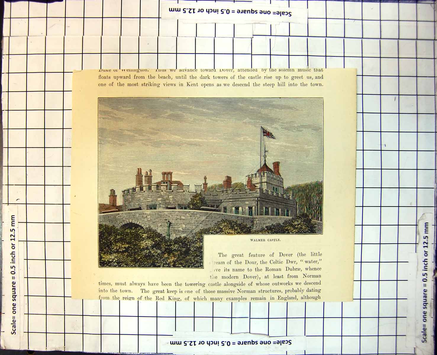 Antique Print Walmer Castle Kent England Castellated Walls Tiled RoFlag 339J