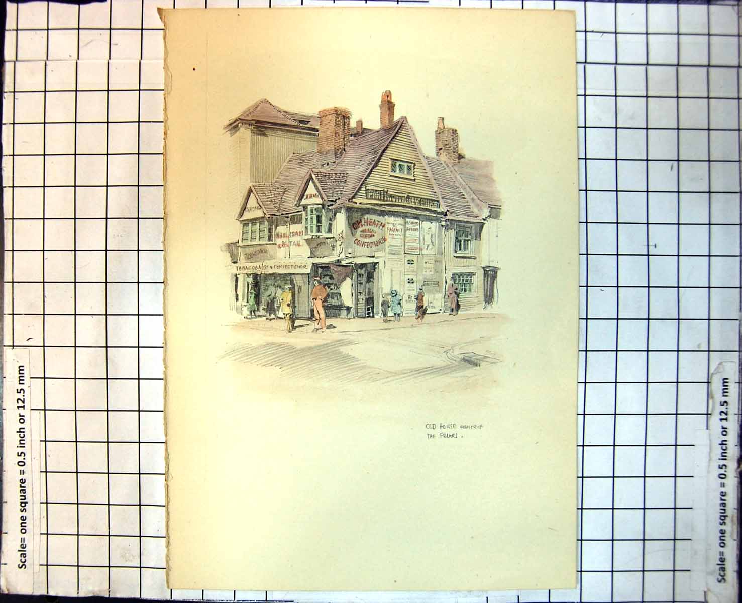 Antique Old Print Corner House The Friars Heath Confectioners Advertising 343J
