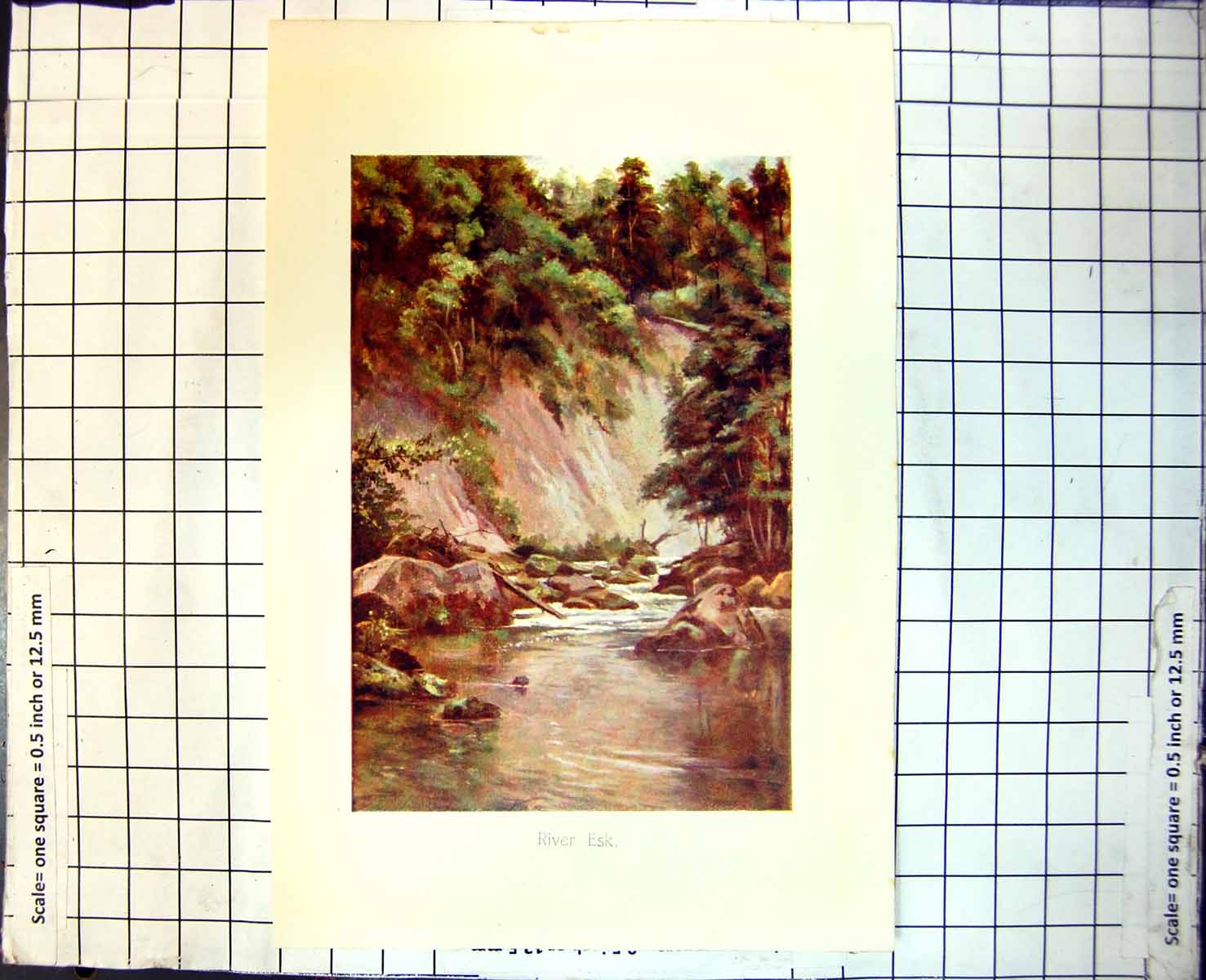 Antique Print River Esk Steep Slope Rocks Small Waterfall Trees Foliage 348J