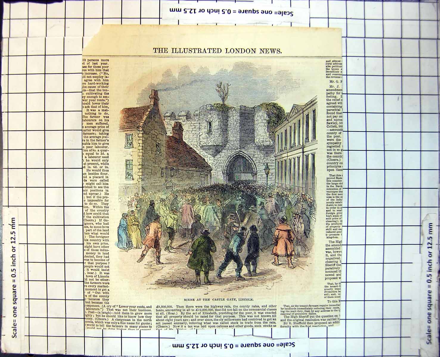 Antique Print Scene Caastle Gate Lincoln Men Sticks Large Crowd People 356J