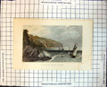 Old Print Clovelly North Devon Choppy Sea Sailing Boat Quay Rocks Buildings 361J