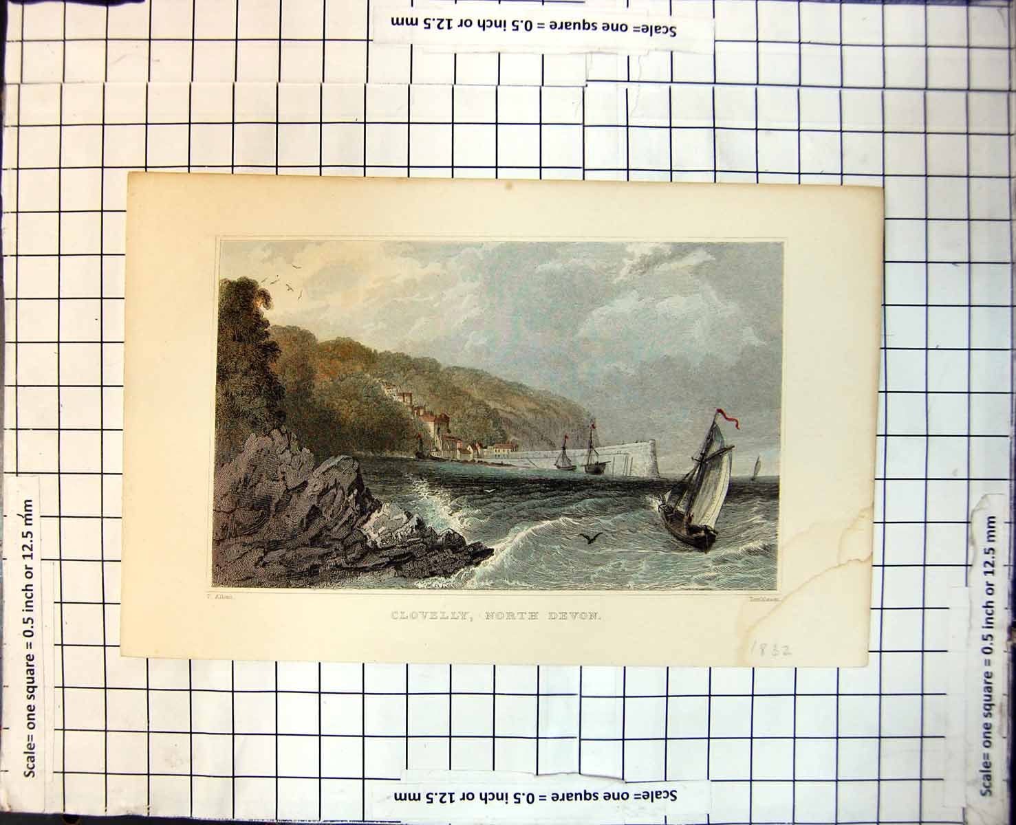 Old Print Clovelly North Devon Choppy Sea Sailing Boat Quay Rocks Buildings 361J