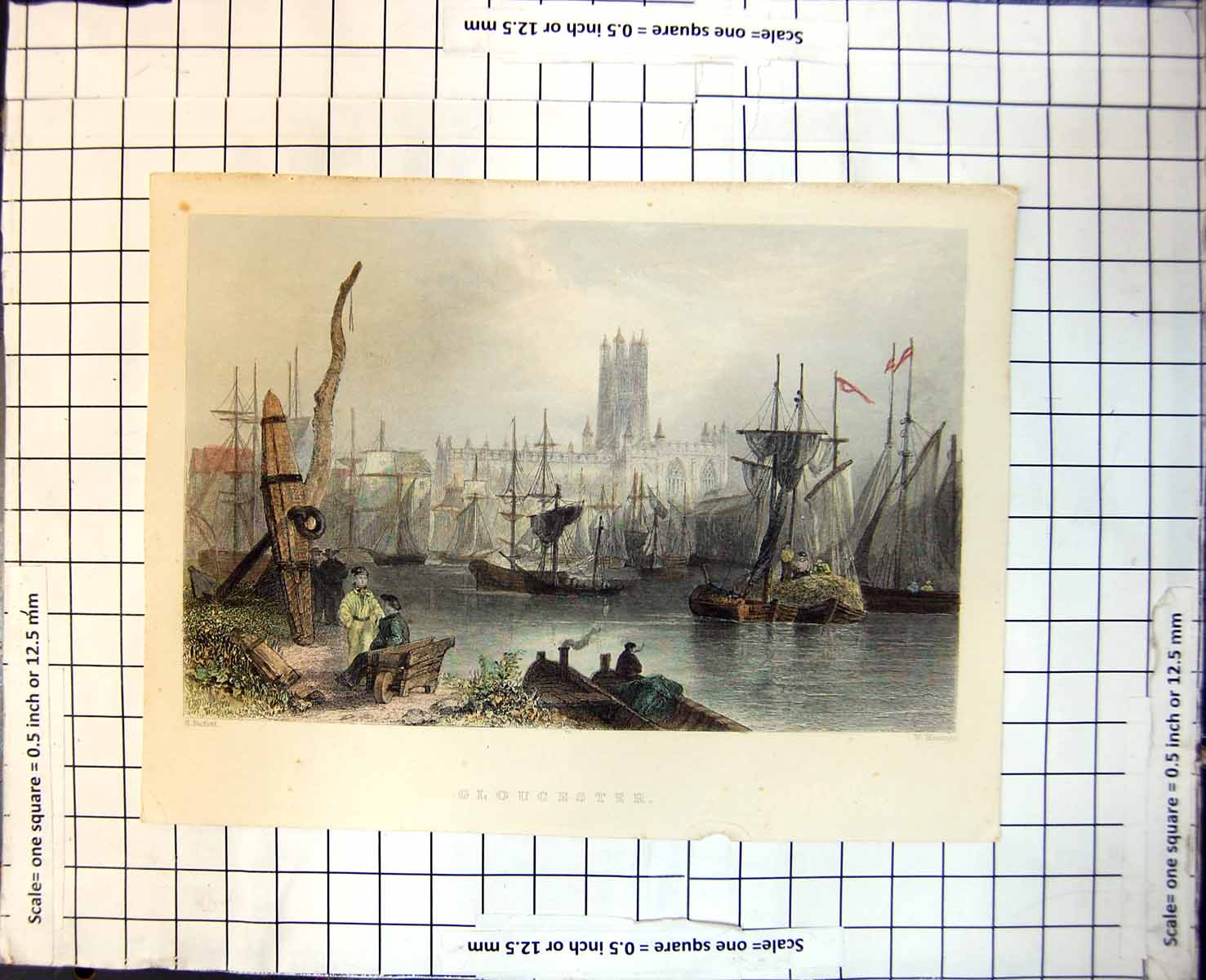 Old Gloucester Sailing Boats Harbour Scene Gathedral People Work 362J
