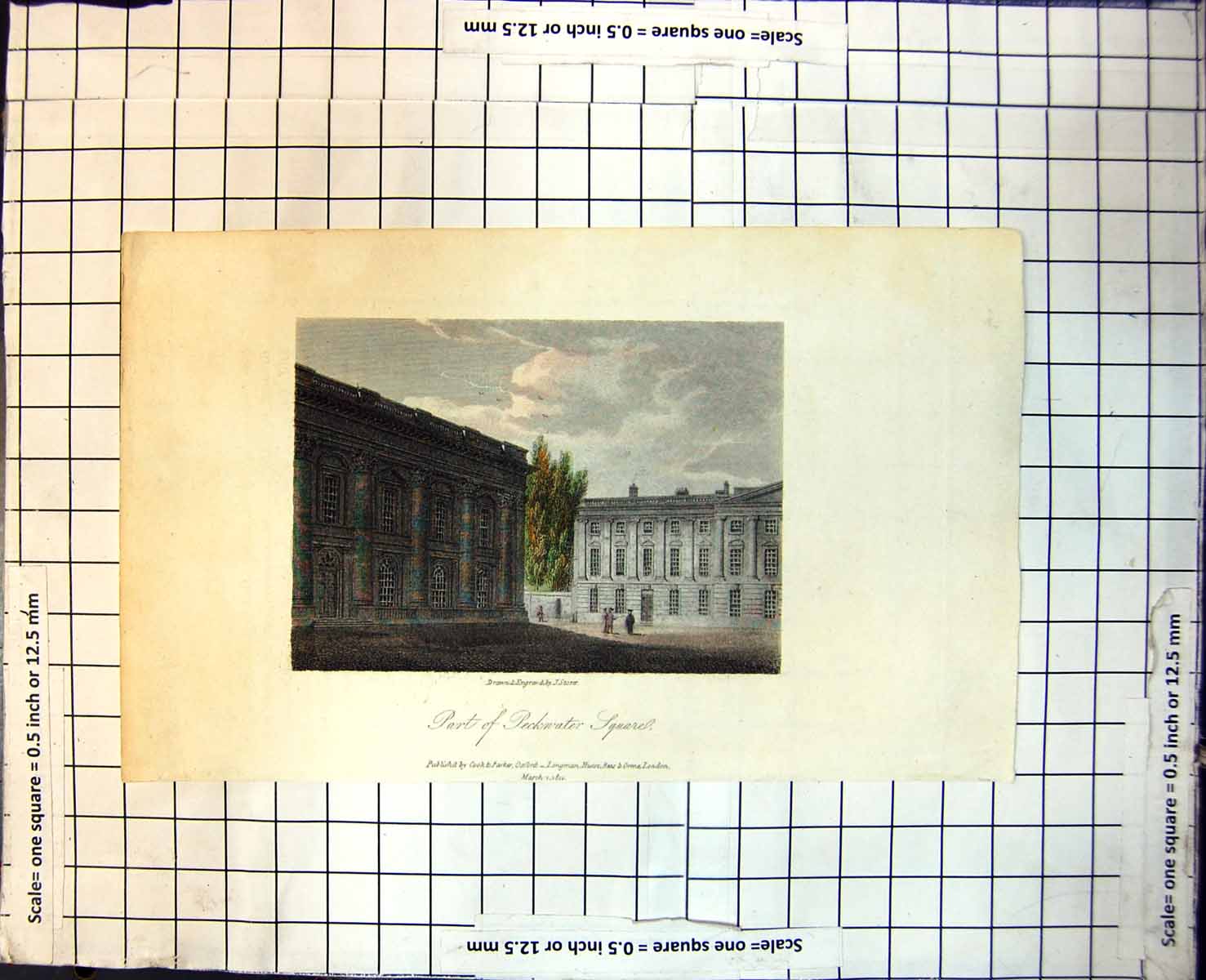 Antique Print Part Peckwater Square Oxford Arched Doorway Trees People 367J