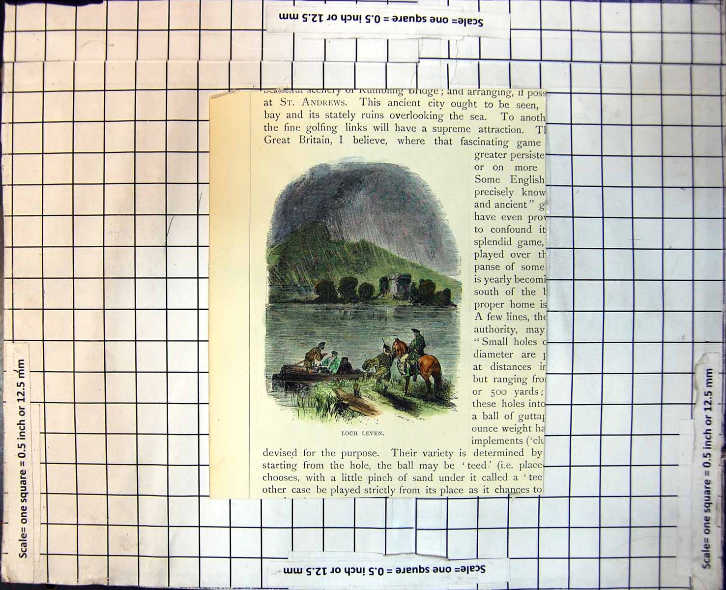 Old Print Loch Leven Scots Horseback Rowing Boat Castle Hillside Rain 373J