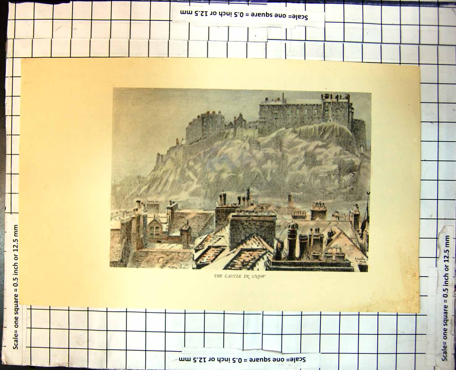 Old Print Edinburgh Castle Snow Crag Buildings Below Tiled RoChimneys 390J