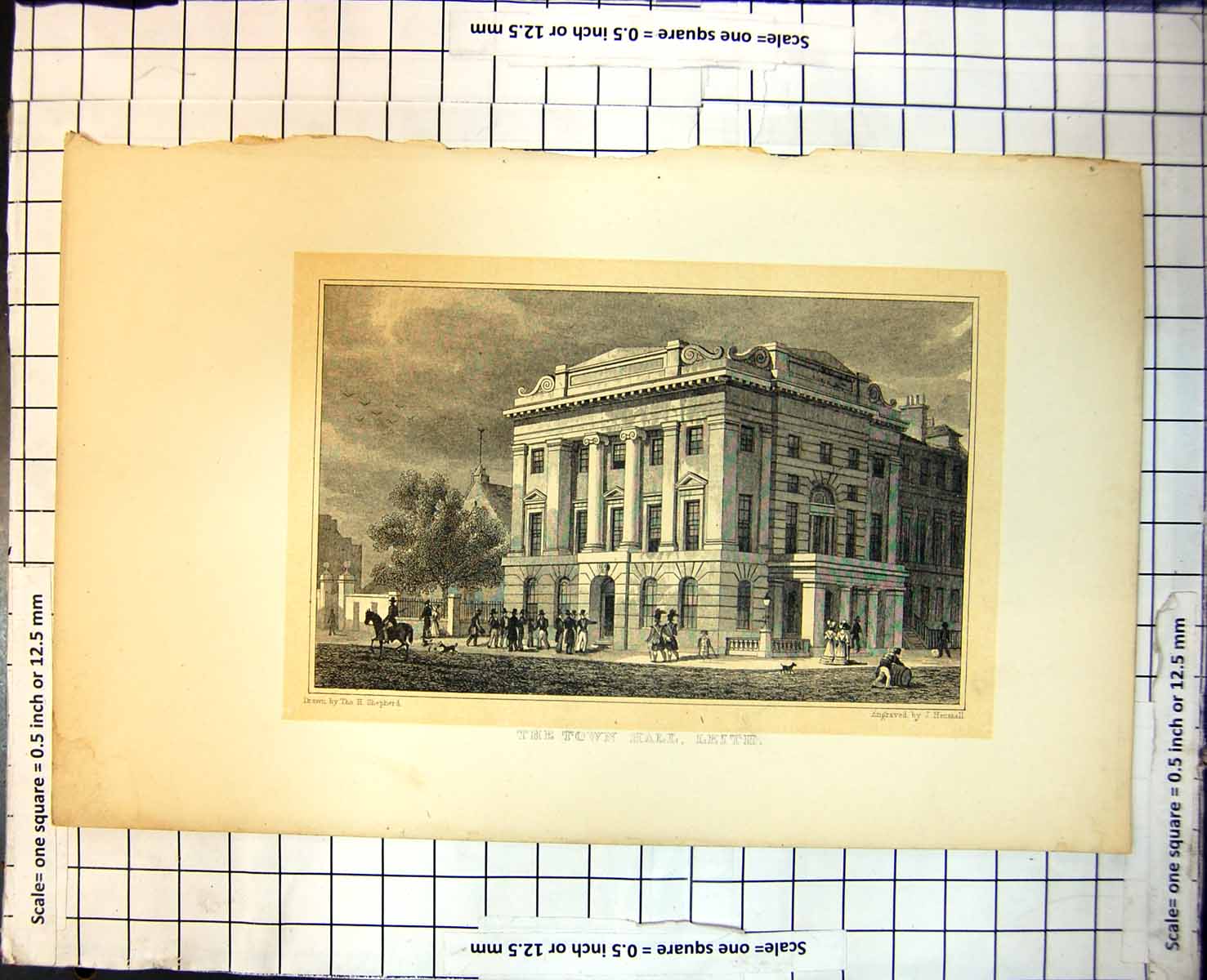 Antique Print Town Hall Leith Edinburgh Gentlemen Siers Horse Rider Dog 414J