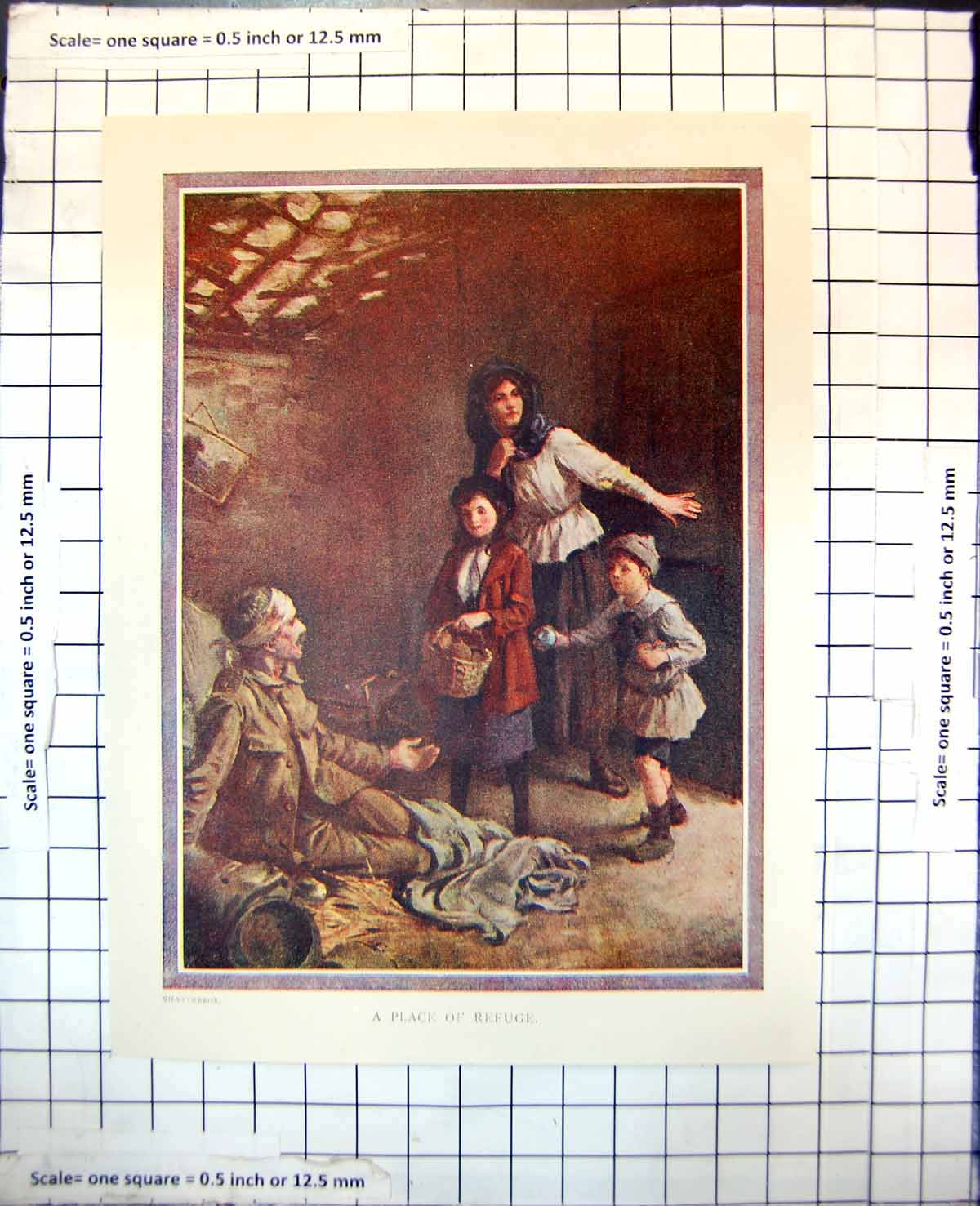 Antique Old Print Place Refuge Injured Sier Barn Straw Family Food 1918 427J