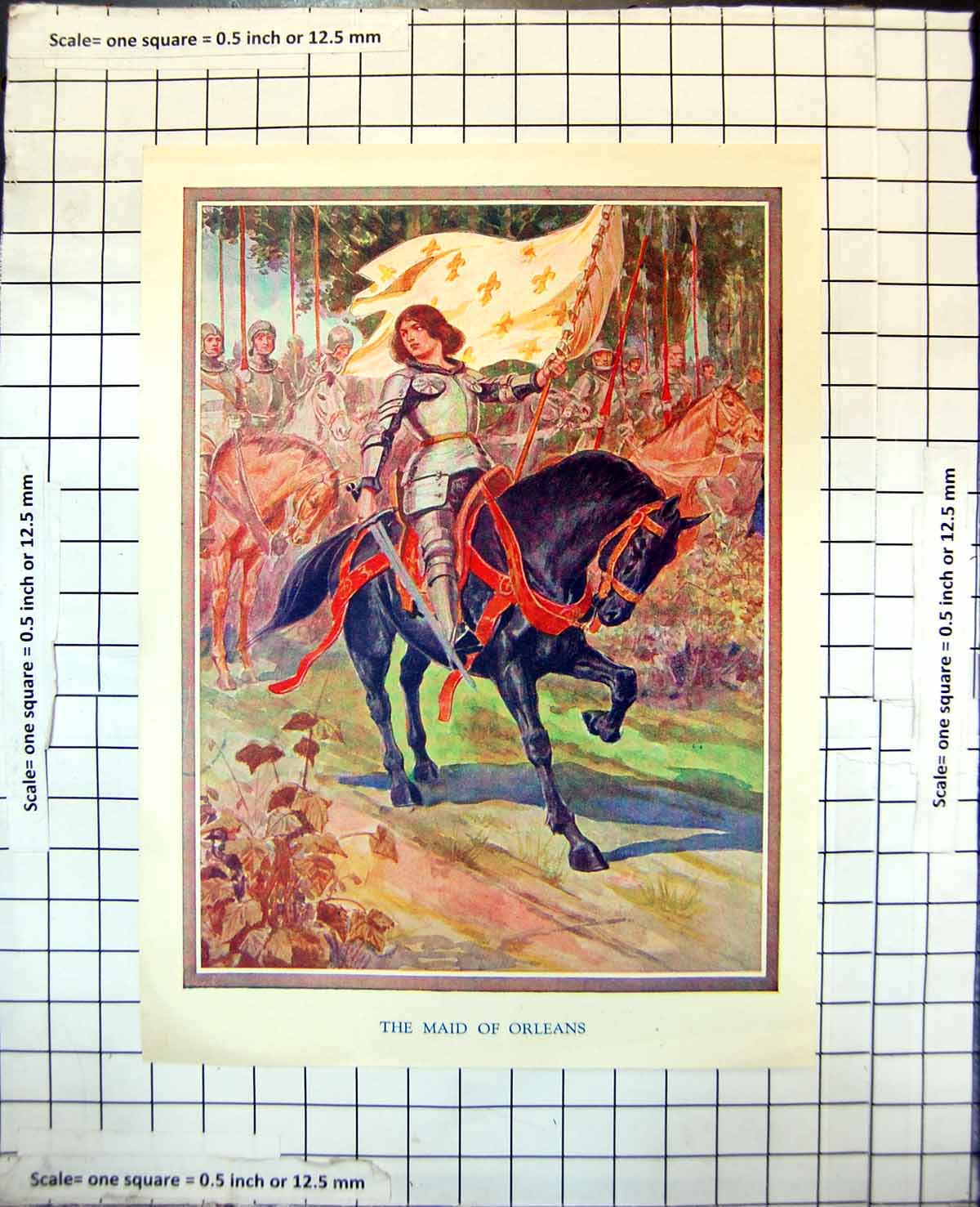 Old Print Maid Orleans Black Horse Armoured Lady Banner Sword C1920? 429J 20th
