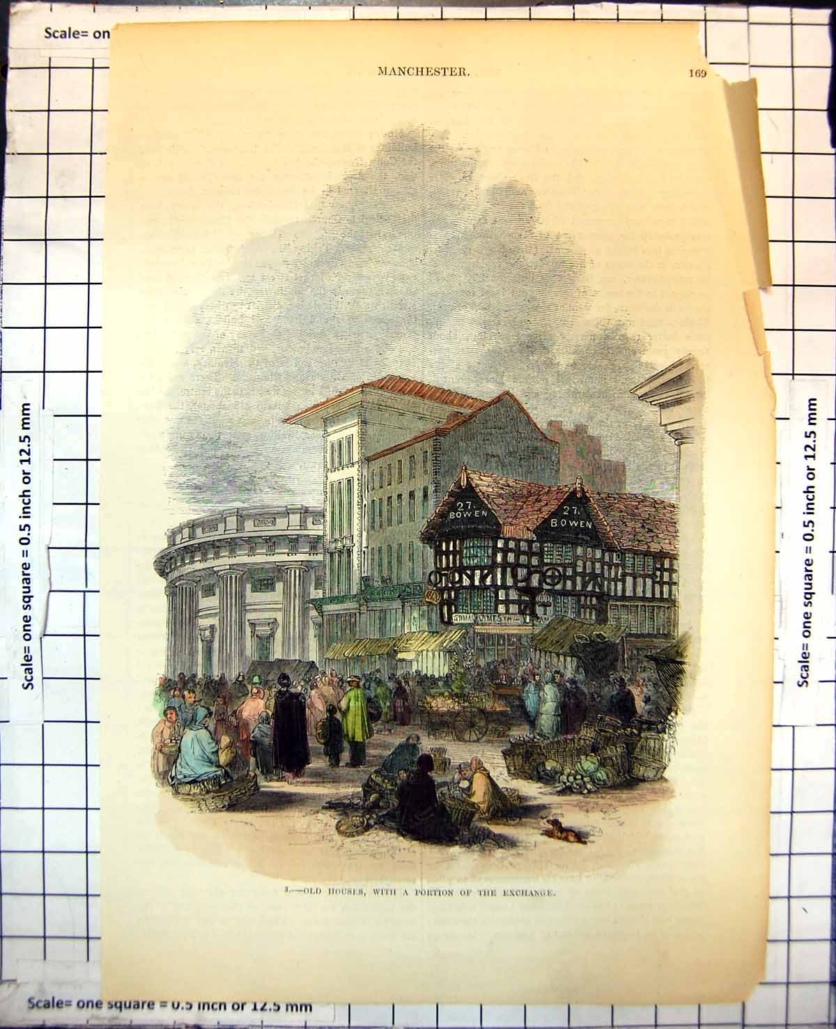 Antique Old Print Manchester Houses With Portion Exchange Street Market 439J